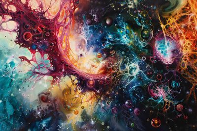 Kosmische Opaleszenz: Abstrakte Zellstrukturen in leuchtenden Farben